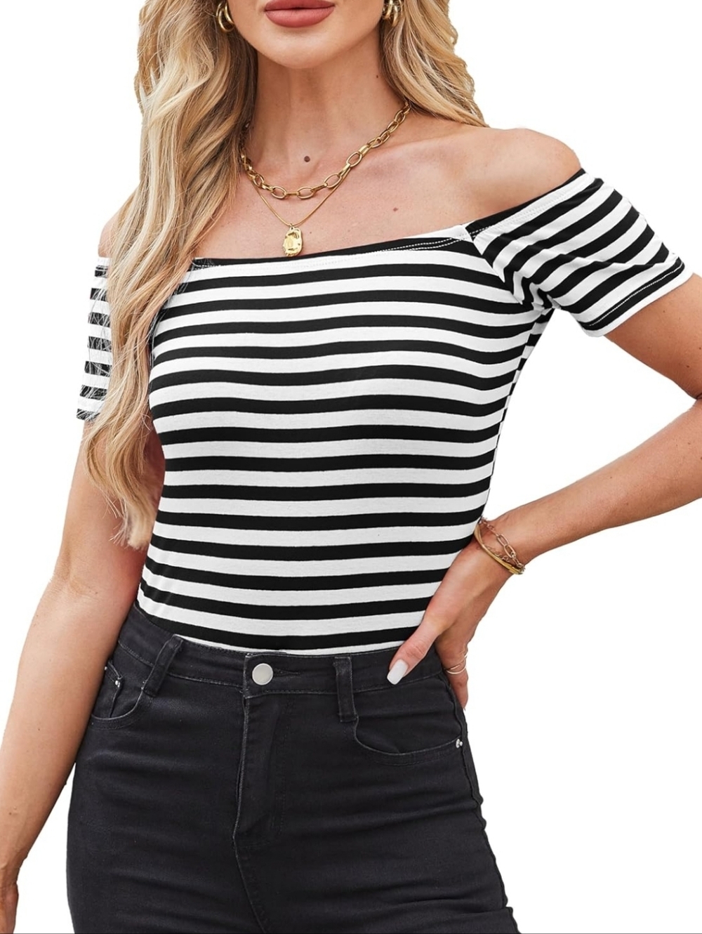Navy Blue & White Striped Off The Shoulder Short Sleeve Stretch Tee T-shirt, M
